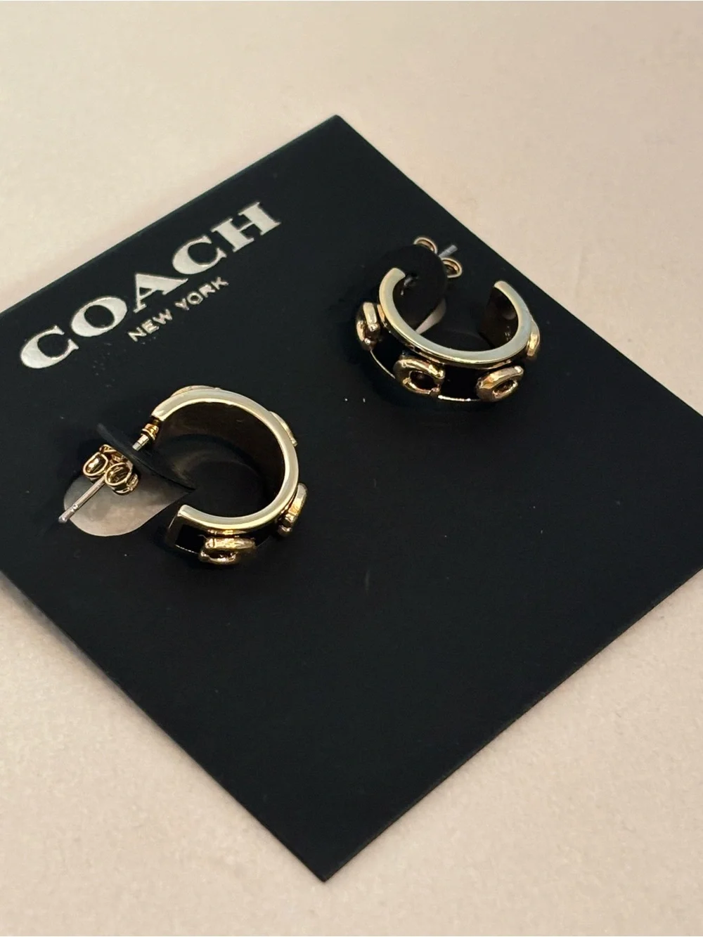 Coach Black Enamel Gold Tone Signature C Hoop Earrings | Classic Designer Hoops